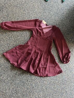 Banana Republic Burgundy Plaid Long-Sleeve Fit & Flare Dress